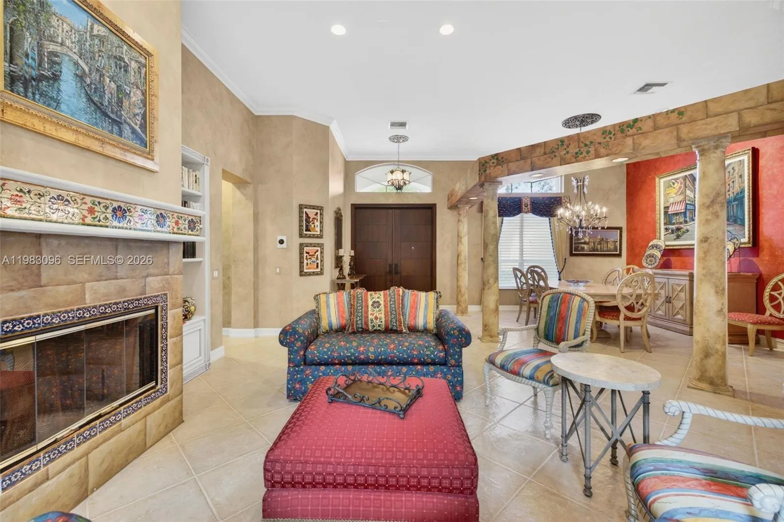 Wood burning fireplace, built in book shelves, volume ceilings, Beautiful handpainted murals and finishes resemble an al fresco restaurant in Europe Wood burning fireplace, built in book shelves, volume ceilings, Beautiful handpainted murals and finishes resemble an al fresco restaurant in Europe