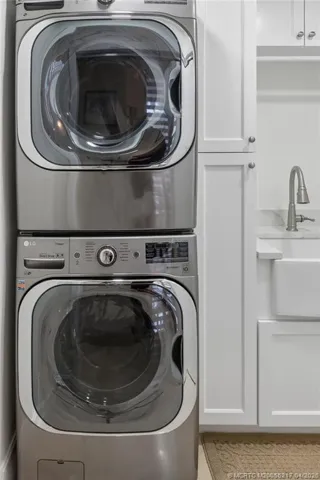 Stack washer, dryer and farmhouse sink