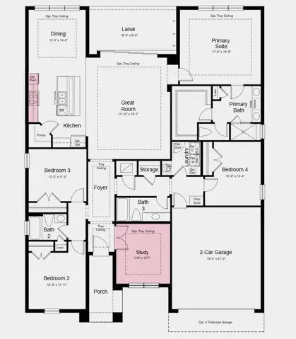 Floor Plan - Additional Highlights Include: Tray ceiling at great room/casual dining/primary suite/study, pocket sliding glass door at great room, 4' garage extension, gourmet kitchen, 8' interior doors, study in place of flex, pre-plumb for future laundry sink, outdoor kitchen rough-in, and whole house impact windows
