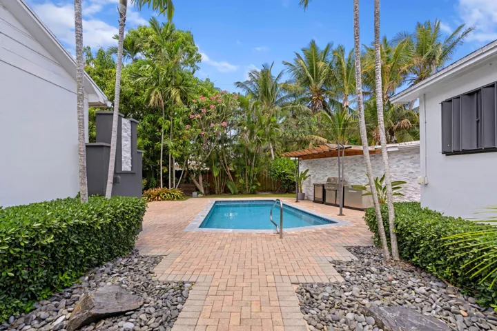 Back patio, pool, and outdoor kitchen.