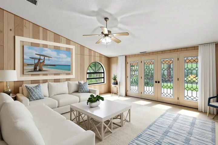 Virtually staged photo of the family room. Plenty of natural light with French Doors. Walk out and enjoy the spa.