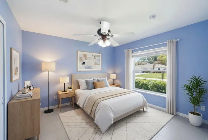 Purple bedroom staged
