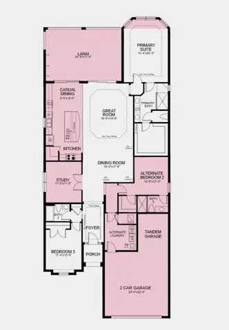 Floor Plan - Additional Highlights Include: gourmet kitchen, casual dining extension, study in place of a flex room, bay window in the primary bedroom, extended lanai, tandem garage, 8' interior doors, and pre-plumb for future sink at laundry