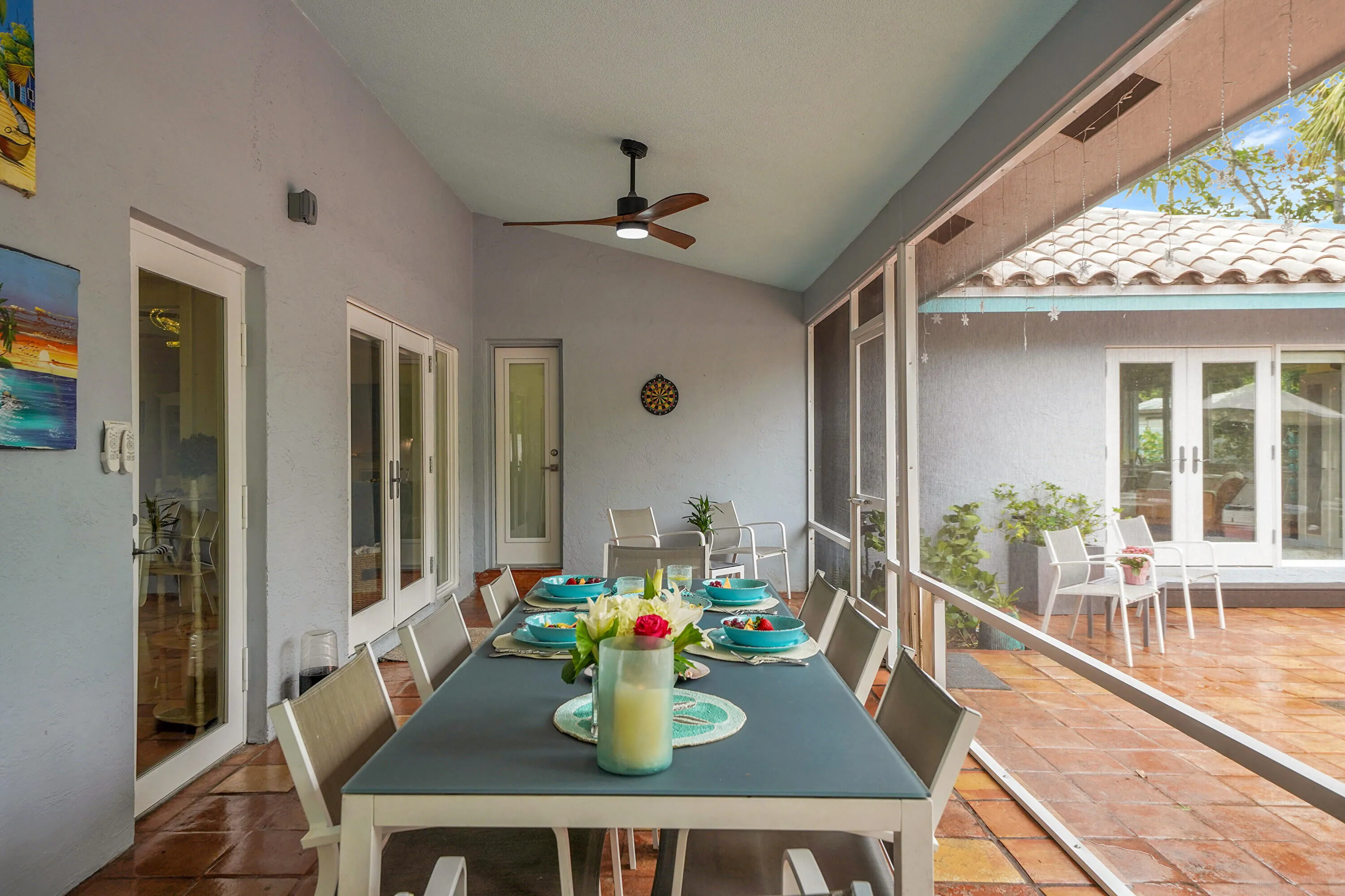 Screened in patio dining area