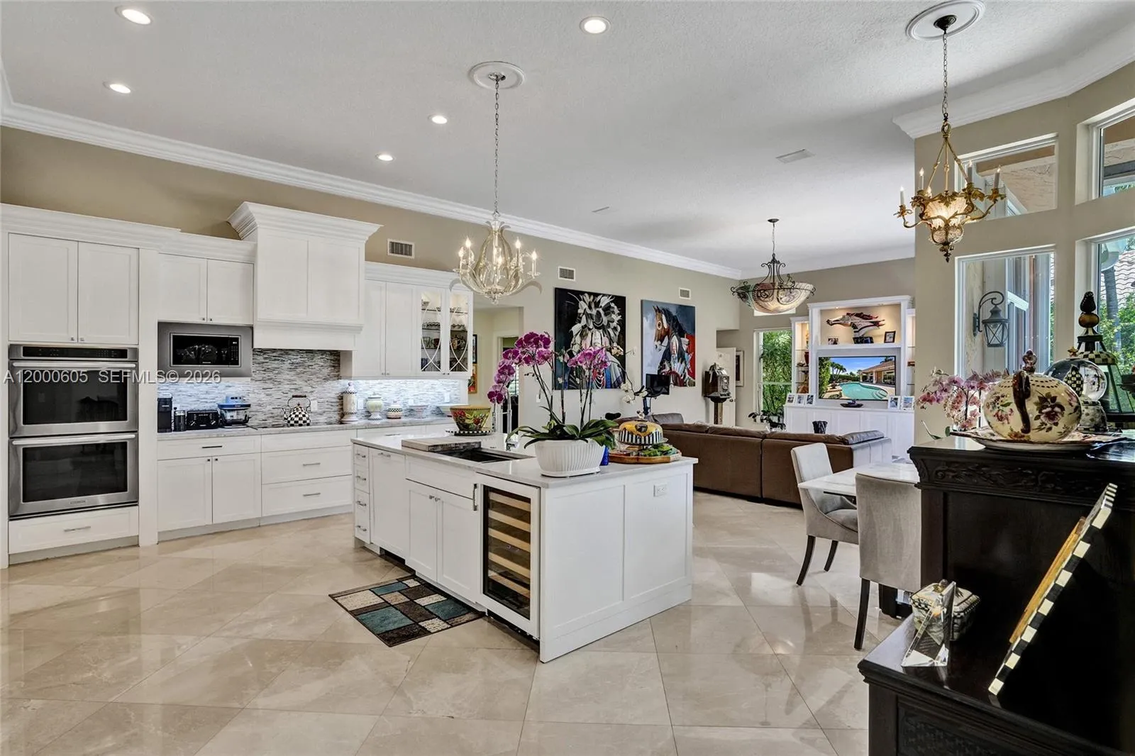 DOUBLE OVEN, BRAND NEW MICROWAVE, WINE COOLER IN WHITE MODERN OPEN KITCHEN