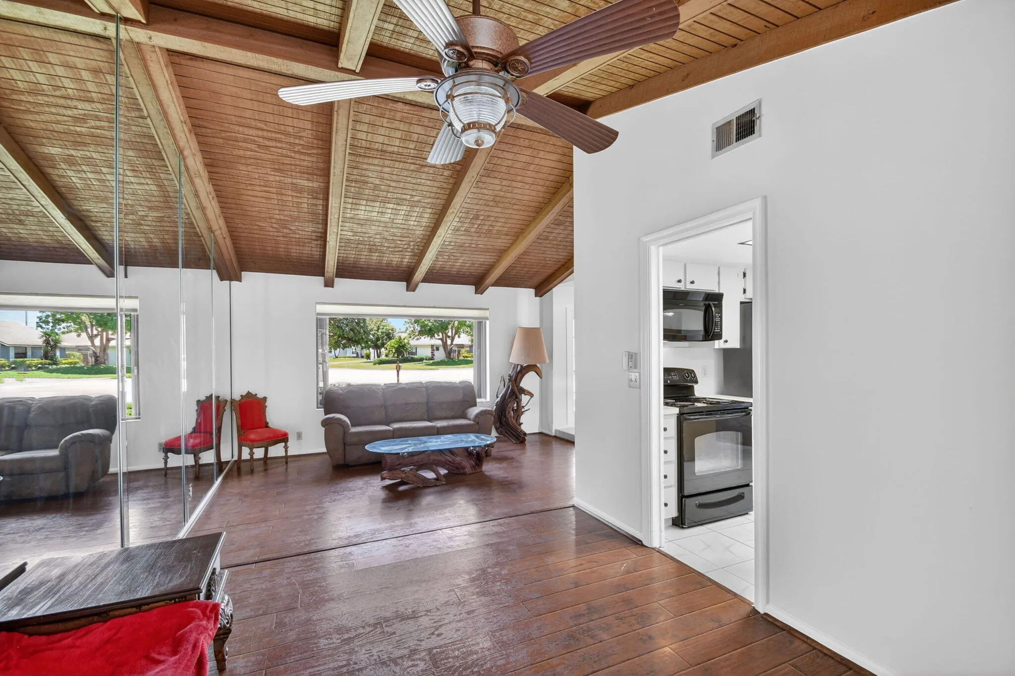 A view from the dining area looking into the living room