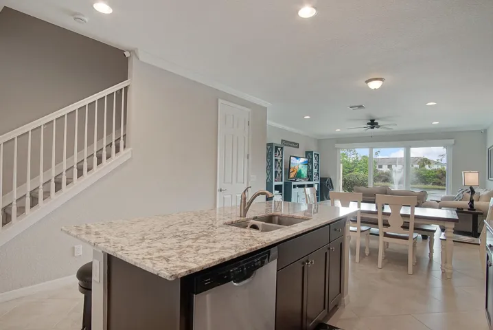 View from kitchen through the dining and living areas