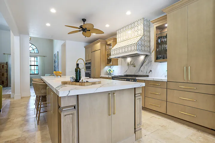 Bosch Refrigerator and Dishwasher with wood paneling, designer hood and insert, new solid wood cabinets, spacious pantry