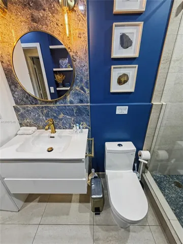 Sleek floating vanity with modern fixtures and storage