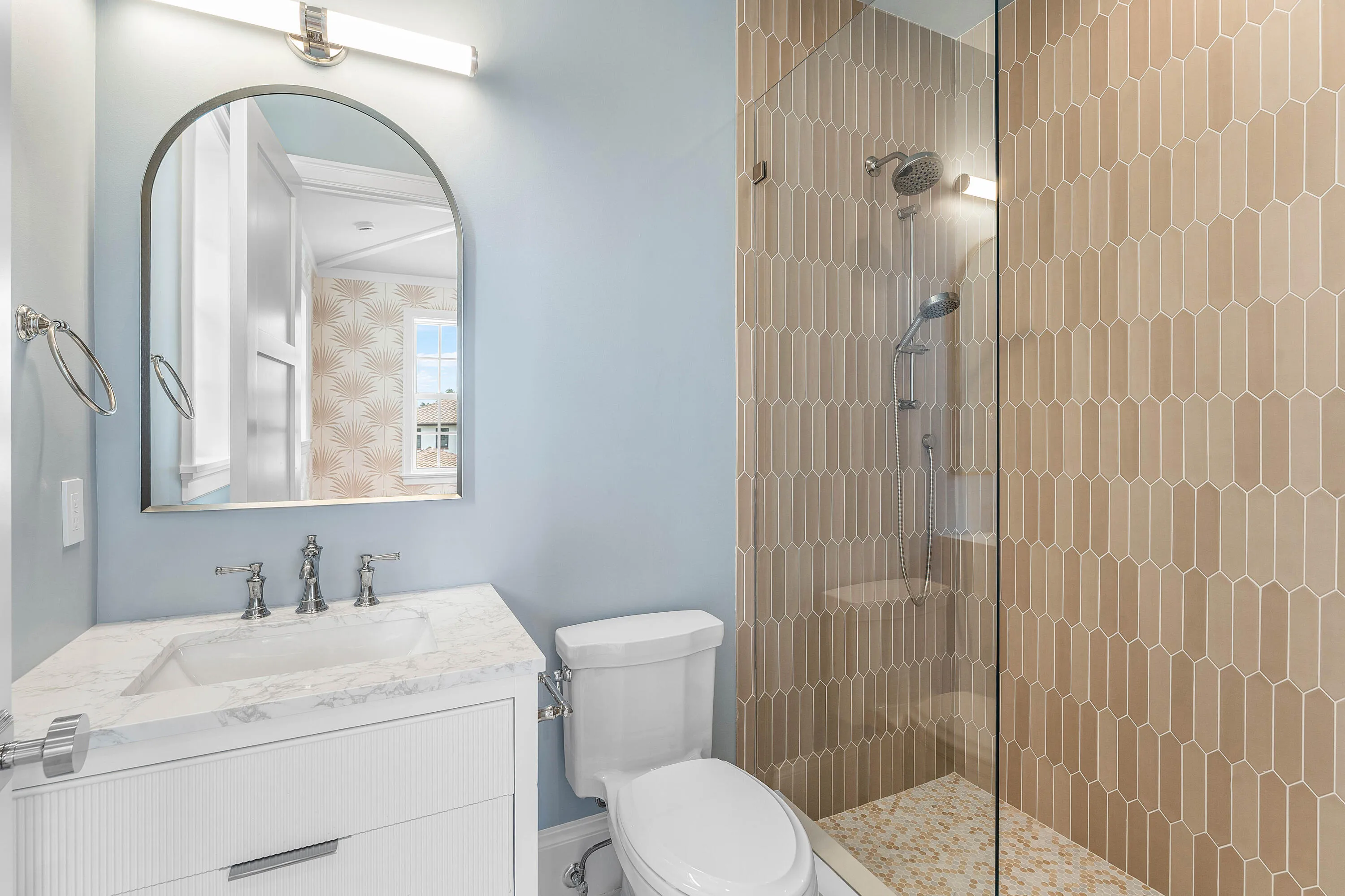 23 - Bathroom with blue-gray walls, gold