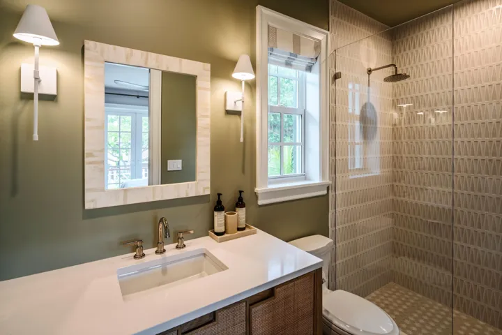 29 - Bathroom with sage walls, white geo