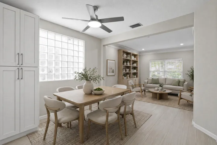 Perfectly staged kitchen view into the Family Room