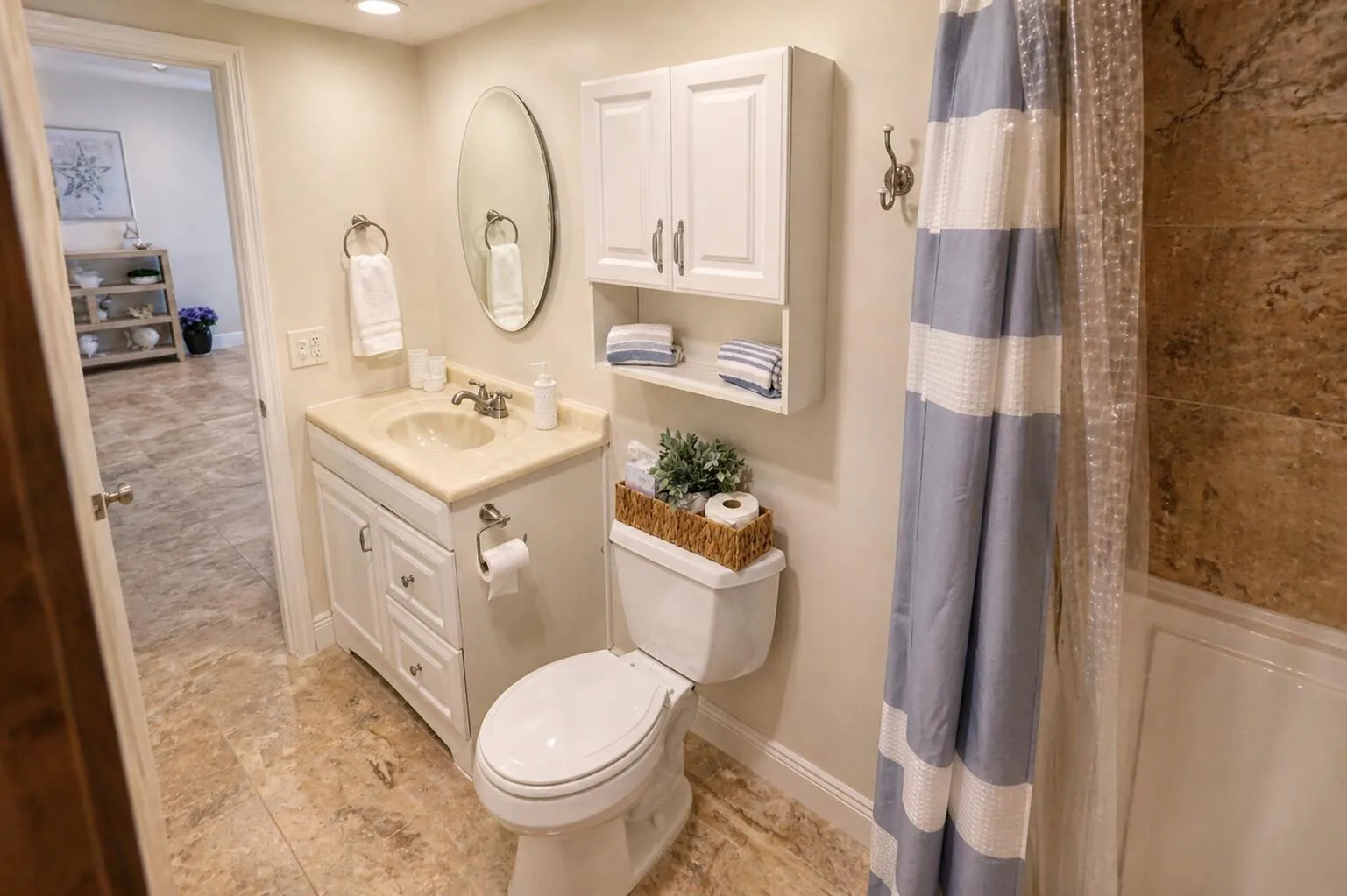 Guest Bathroom – Clean, functional layout with storage and neutral finishes.