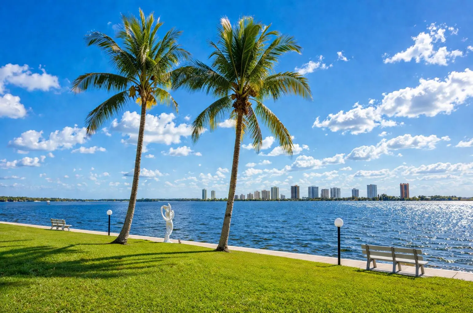 Waterfront Lawn – Lush green space with palm trees along the Intracoastal waterway.