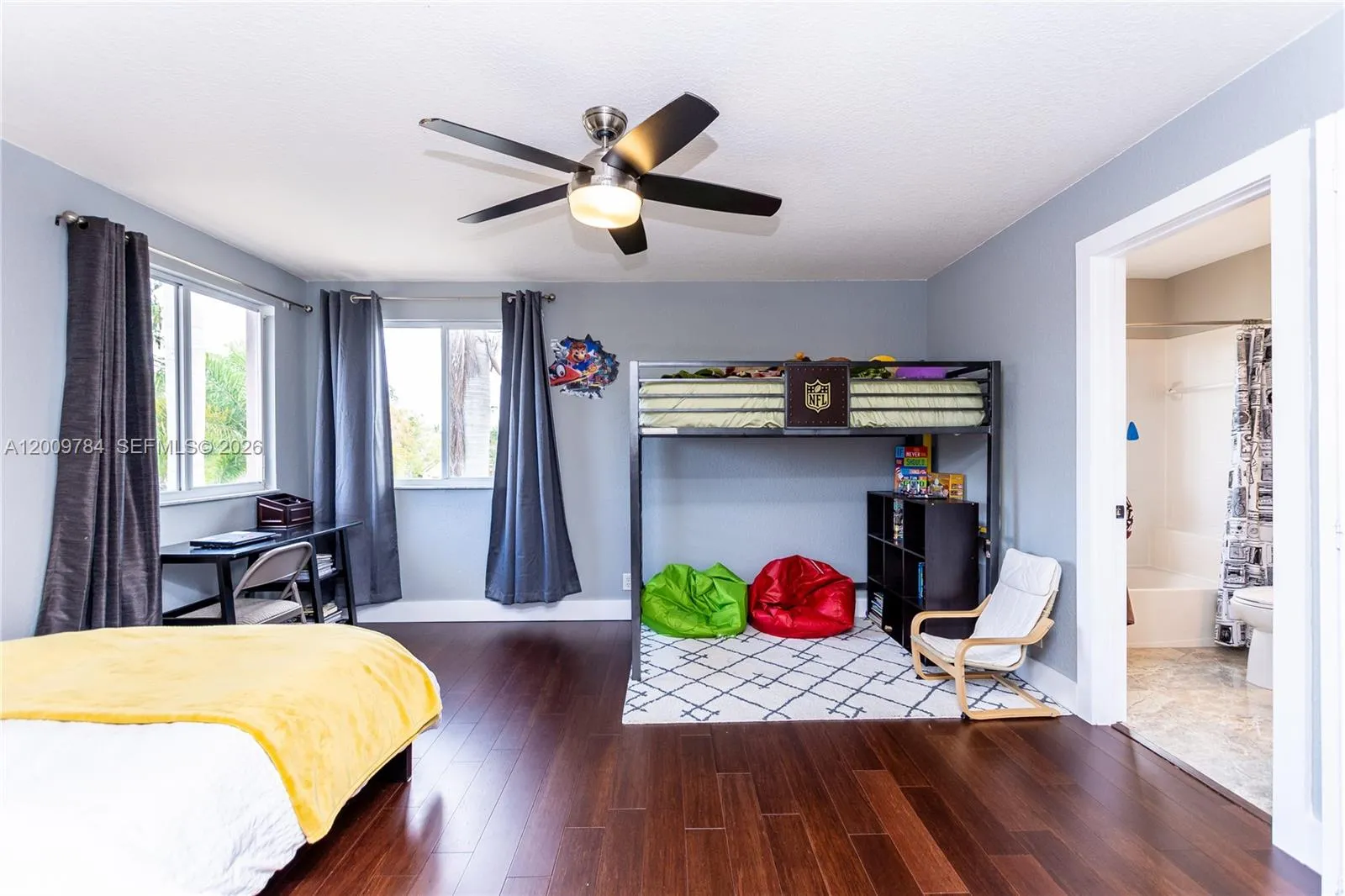 Beautiful 2nd floor master bedroom with real wood dark floors, walking closet and private full bathroom.