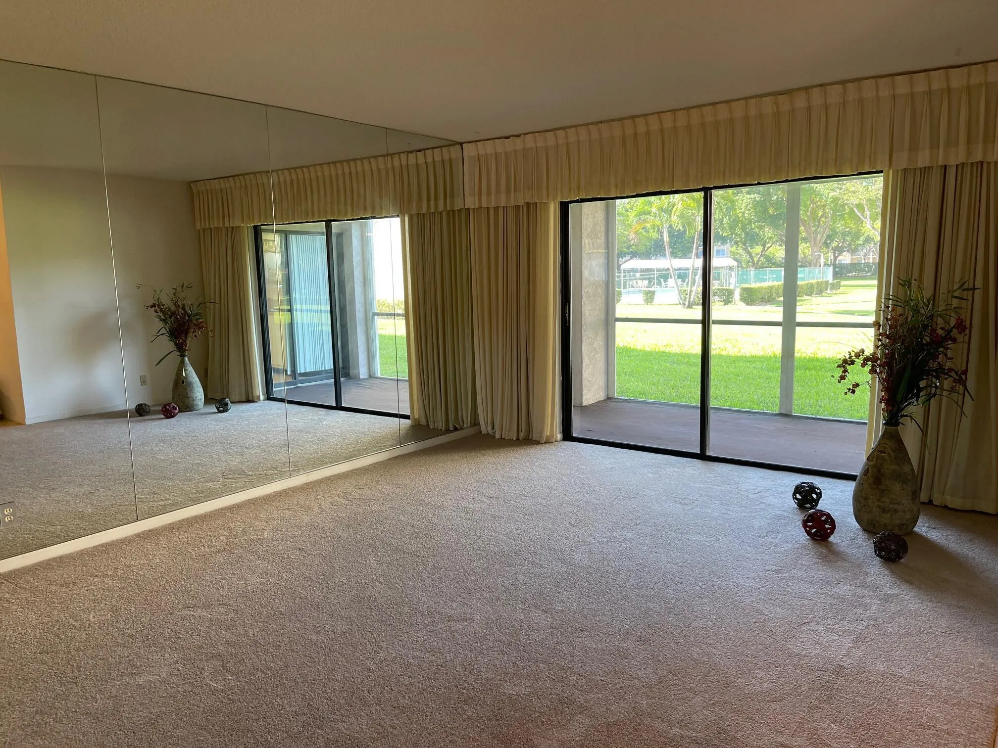 MIRRORED WALL IN LIVING ROOM, NEW CARPET
