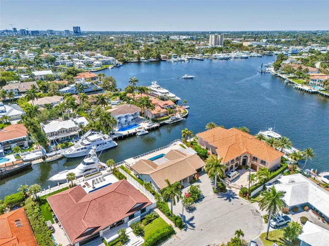 Aerial view of the residence facing northwest with wide turning basin on the Middle River in the​​‌​​​​‌​​‌‌​‌‌​​​‌‌​‌​‌​‌​​​‌​​ background