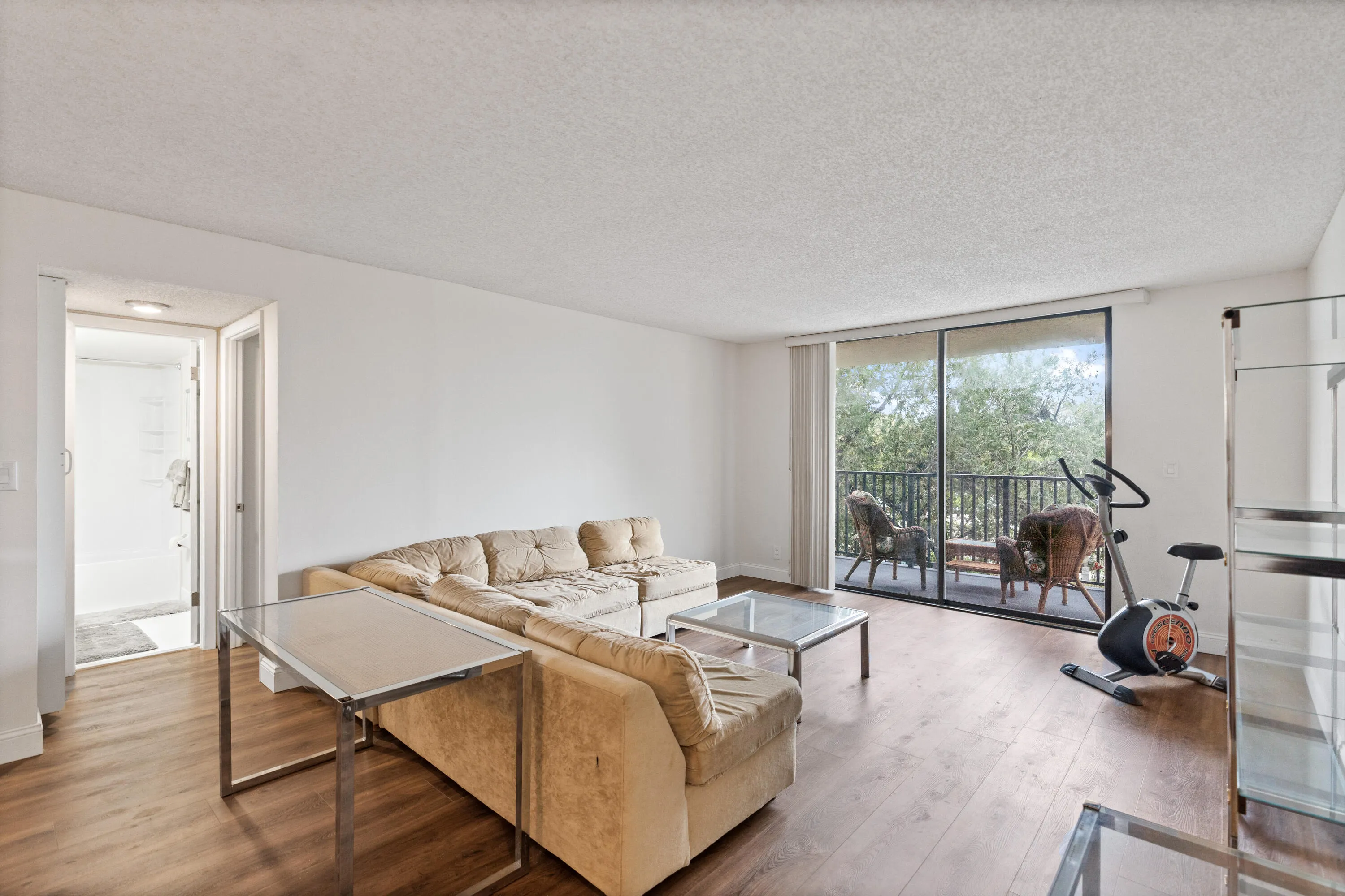 Living room with view of guest bathroom.