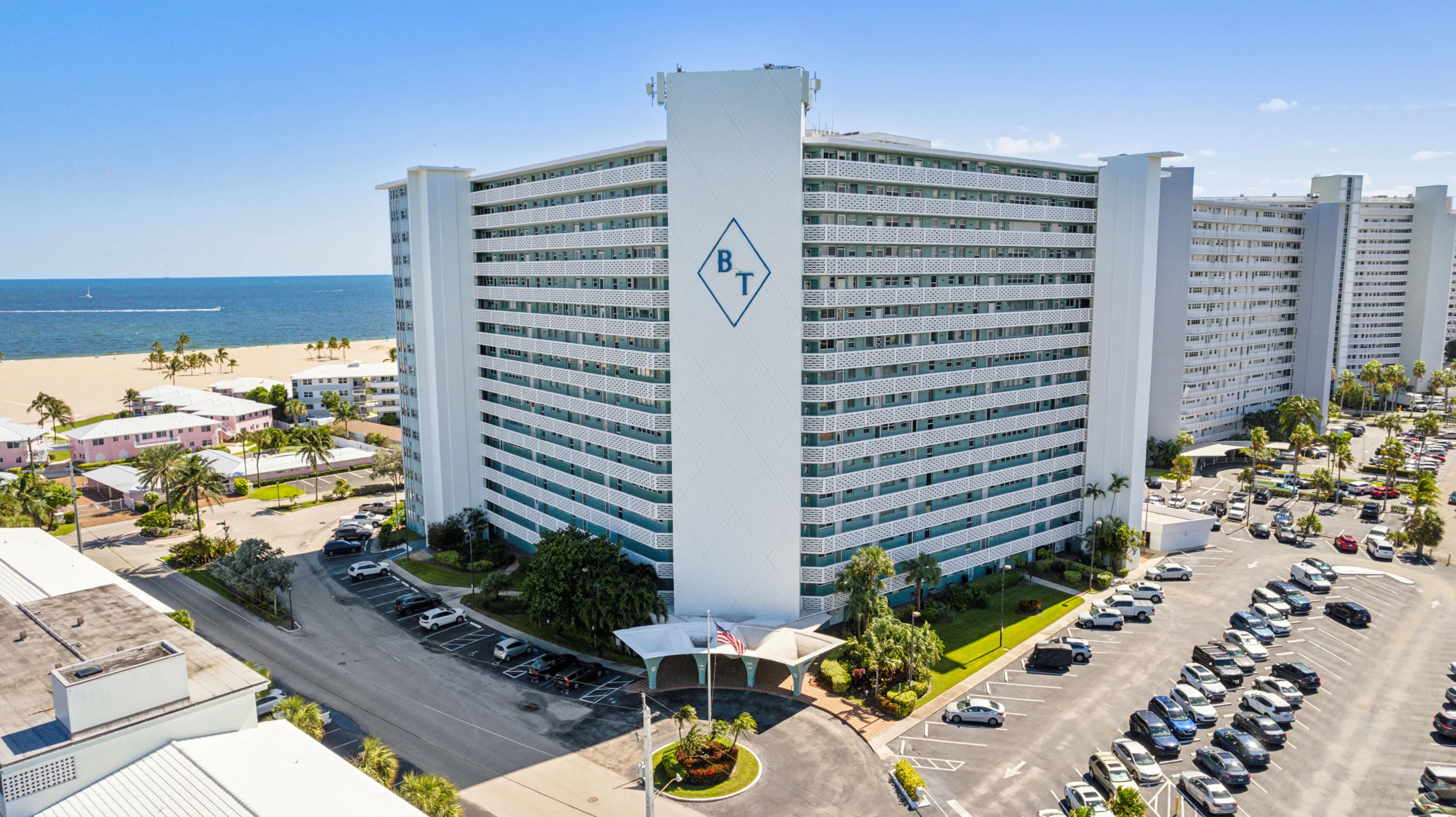 Front facade of Breakwater Towers with ocean views.