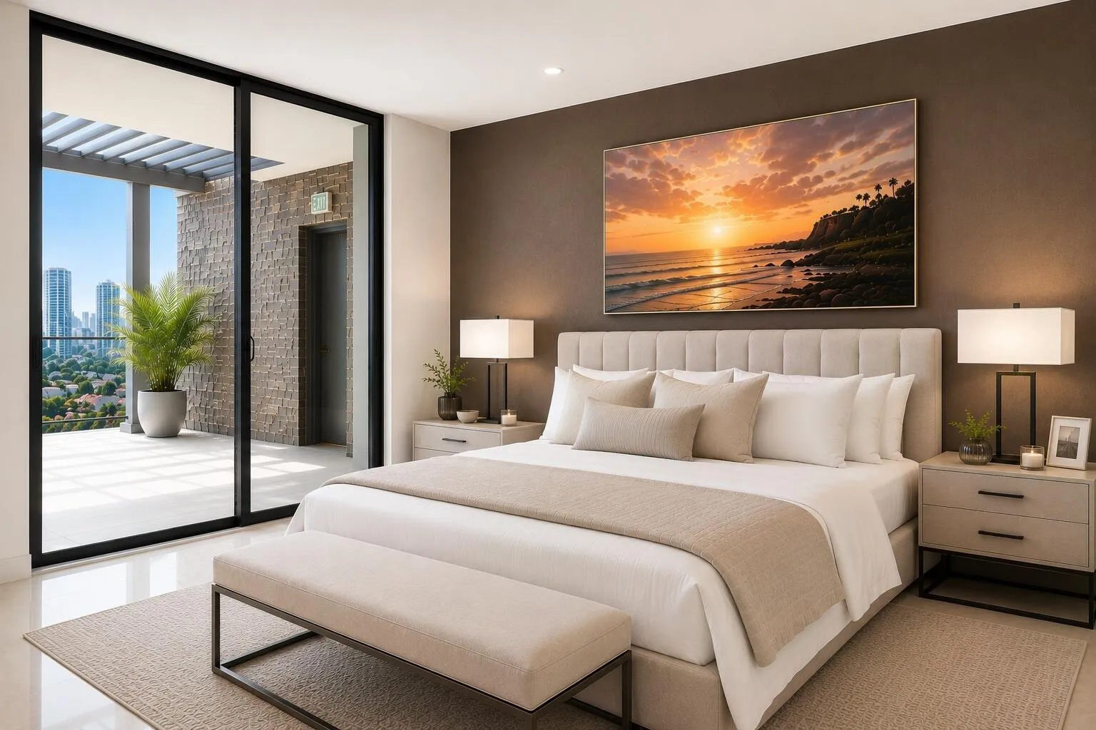 Virtually staged En-suite Guest Bedroom 2 with access to the 555sf. East terrace