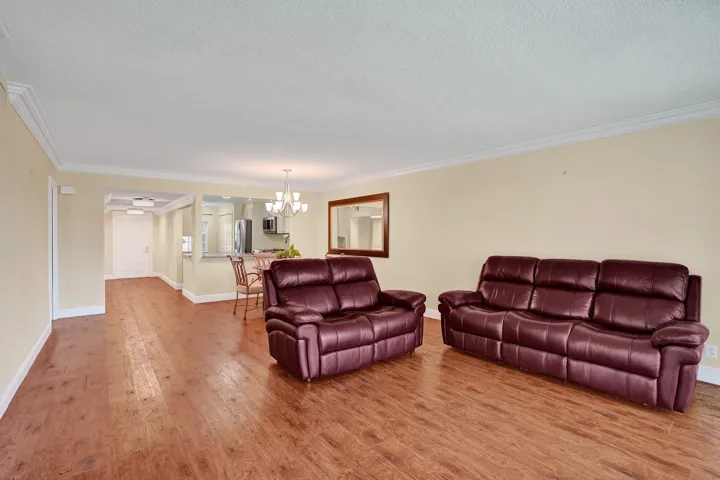 Living area, kitchen and front entrance.