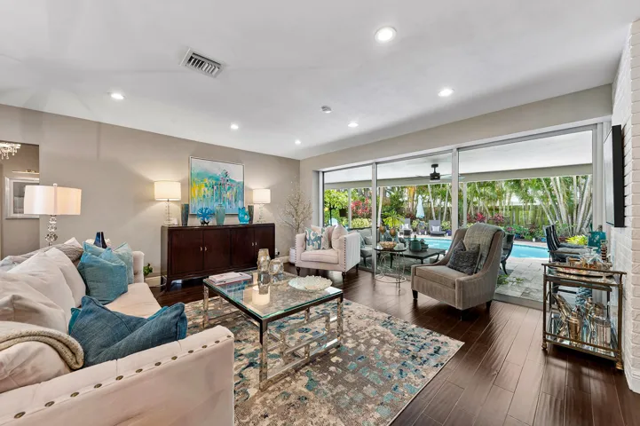 Family room with pool views