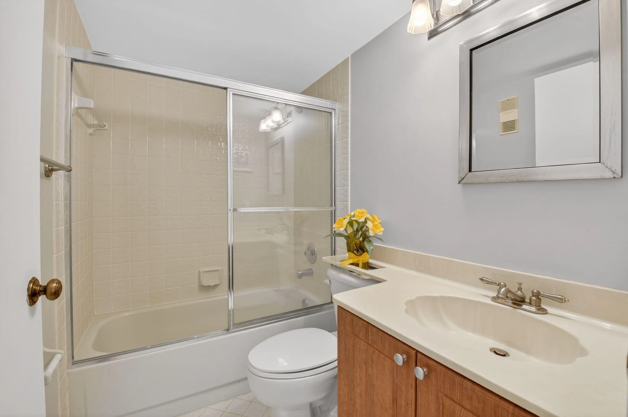 Guest bathroom with tub/shower combination and ample vanity space.