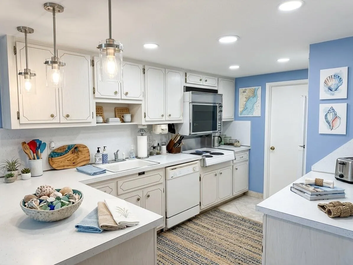 AI generated ceiling and light fixtures/decor, fridge can be moved by door to open up kitchen
