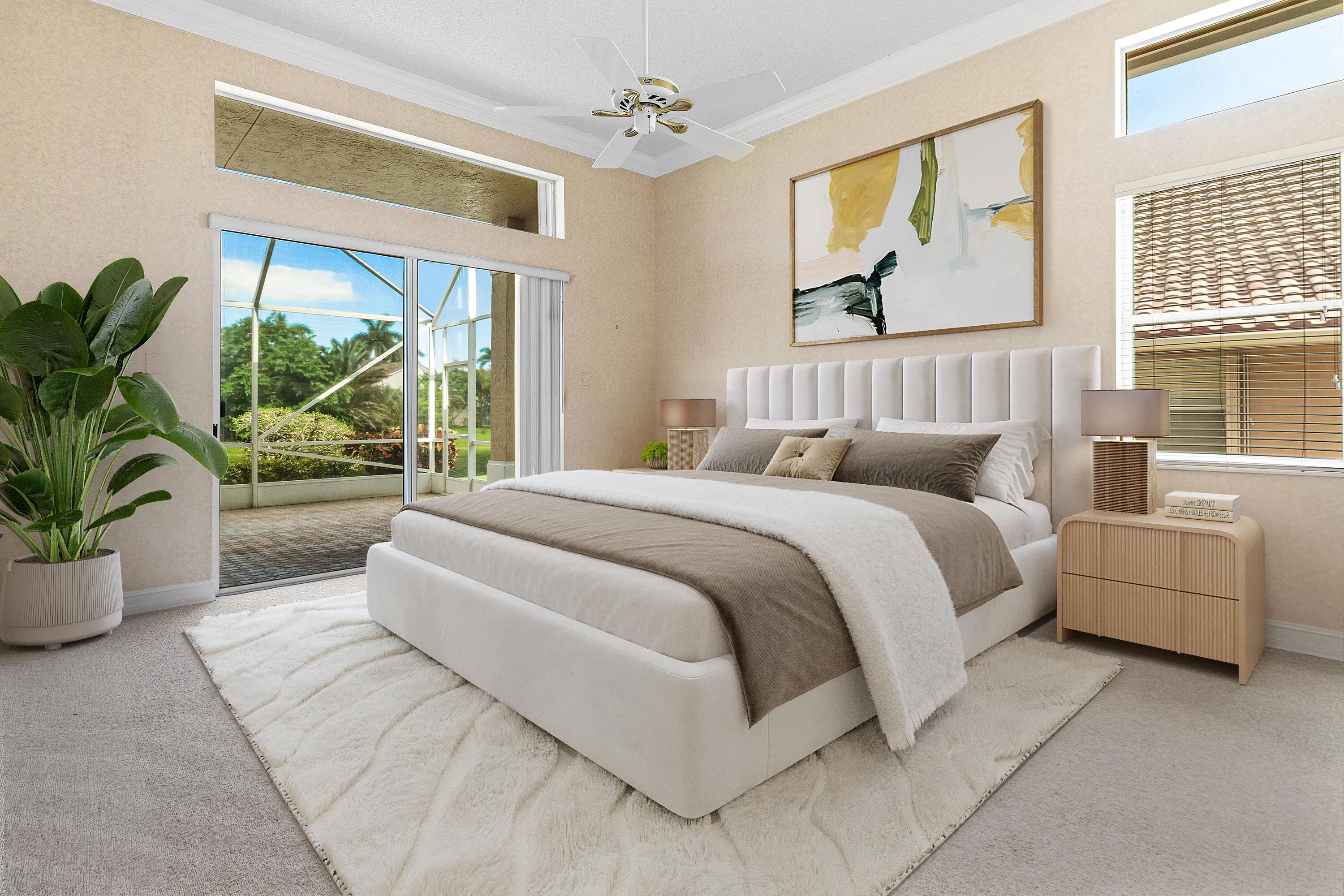 Primary Bedroom with Lake views and sliding glass doors to enclosed screened in patio