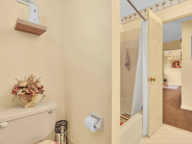Second bathroom detail view showing the vanity, wall shelf, toilet area, and shower entrance.