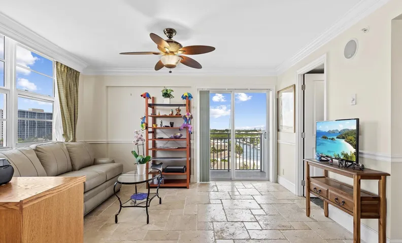 Living room with balcony views