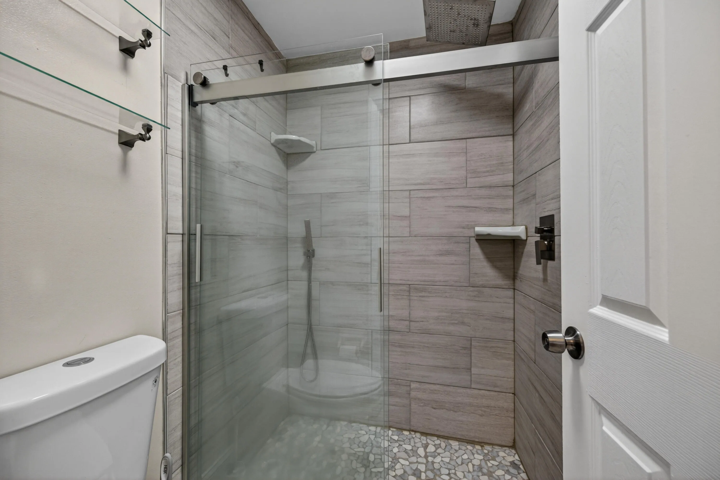 Tiled Standing shower with rain shower head