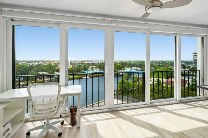 Spacious high impact glass enclosed balcony on the 8th floor with expansive Intracoastal waterway views.