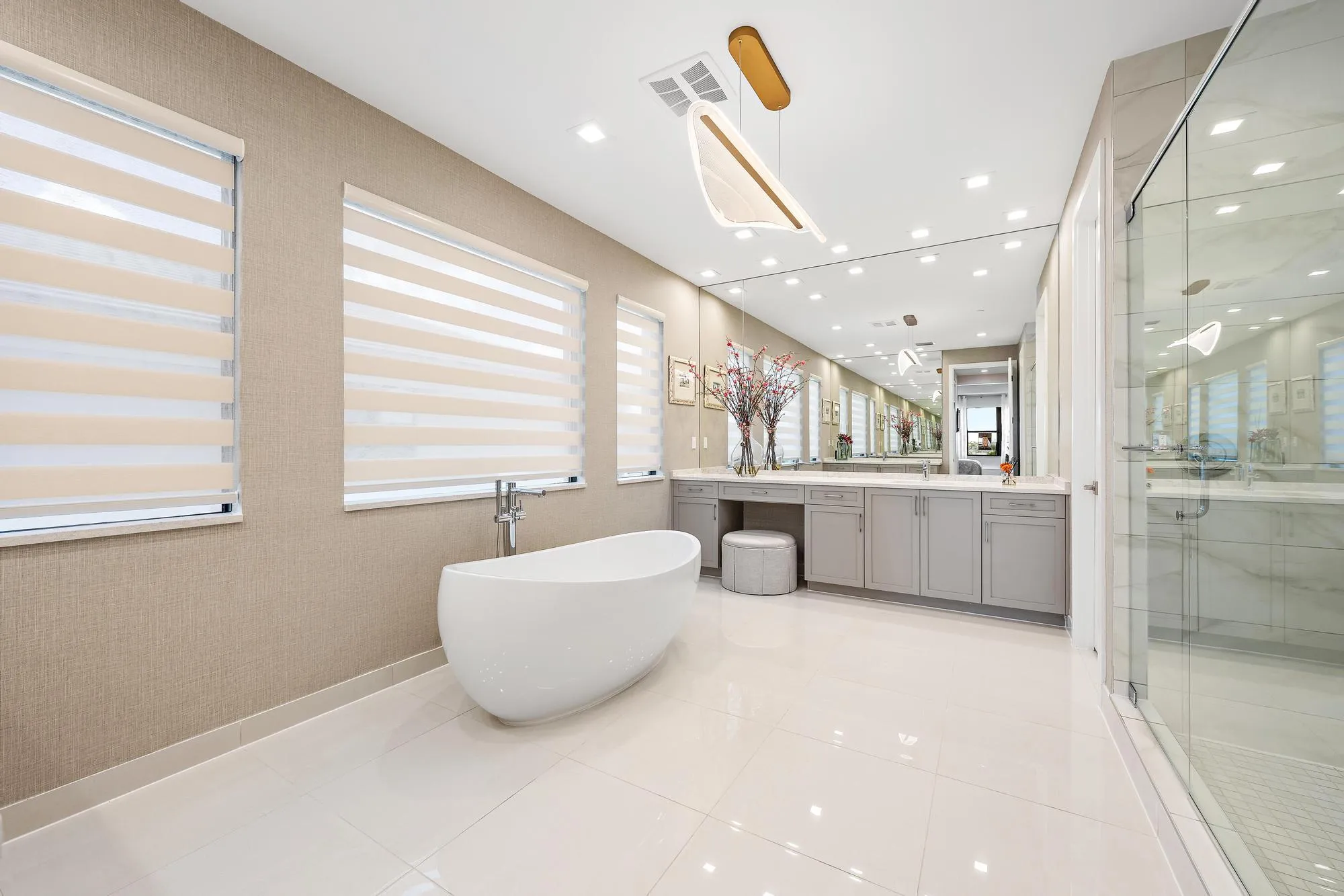 Designer lighting, wallpaper, and custom blinds.