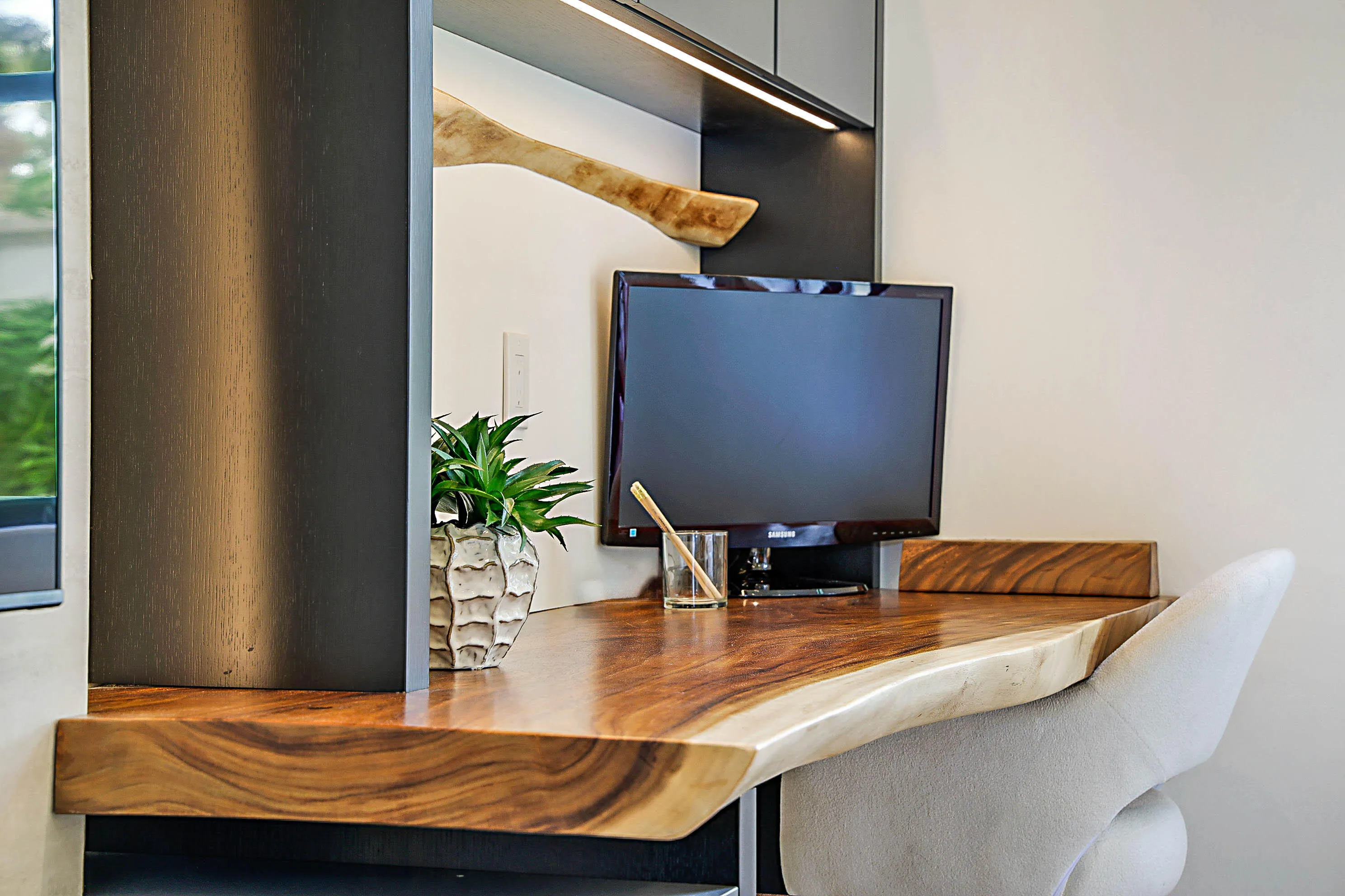 Live-edge imported wood shelving