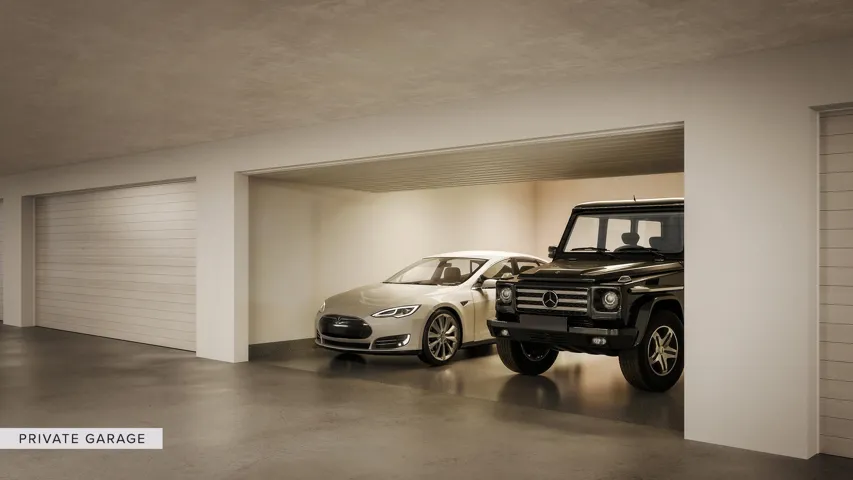 Private 2 car garages available for purchase (additional cost above purchase price). If purchased then residence would have 4 parking spaces in total. Self Park or valet at owners preference