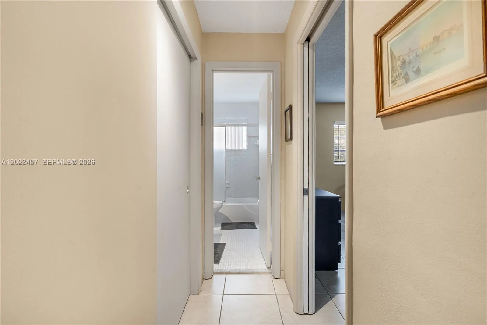 hallway to bedroom and bathroom from dining and living room
