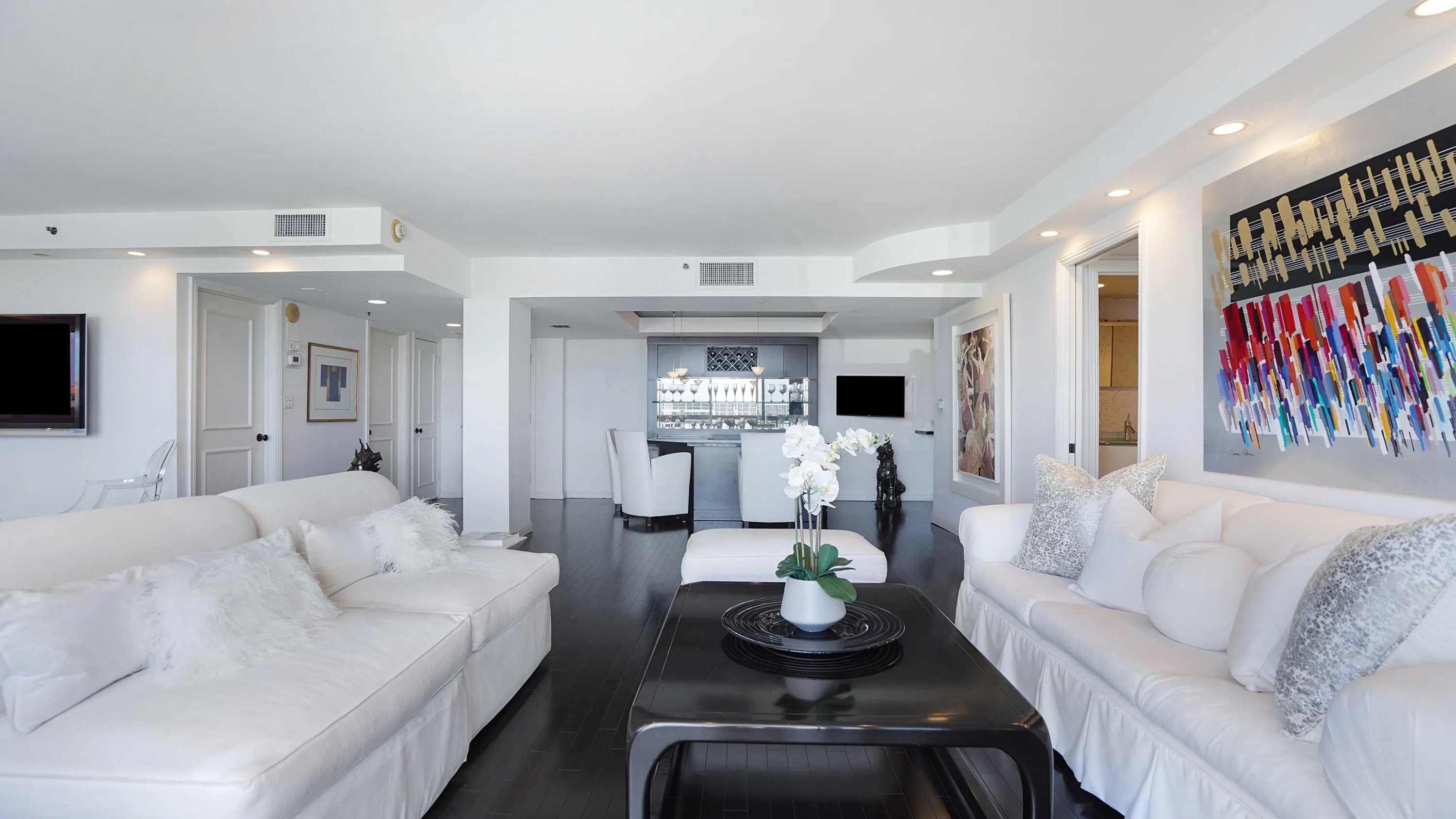 Contemporary interiors with water views from every room.