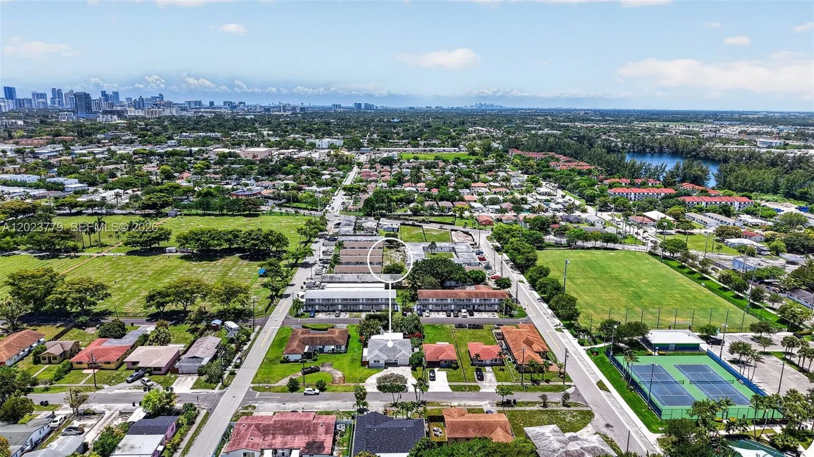 View to the east toward downtown Miami and to the city park on right