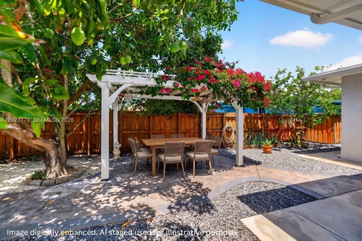 Side yard with upgraded concrete path and fruit trees. Virtually enhanced