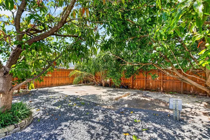 Backyard driveway w/ large mature fruit trees, electric back gate