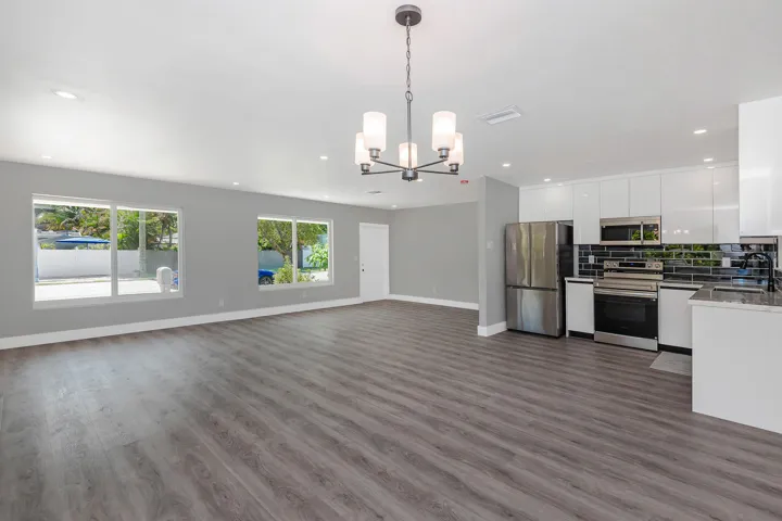 Dining, kitchen, living area