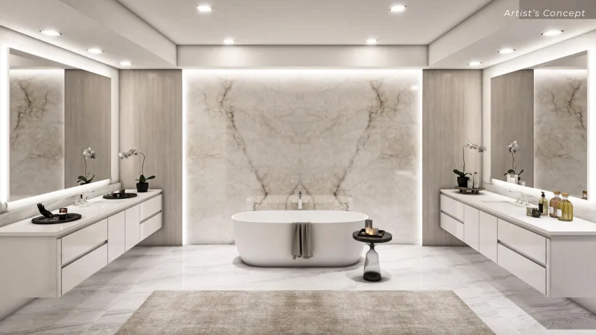 Master Bathroom with book matched feature wall and separate vanities.