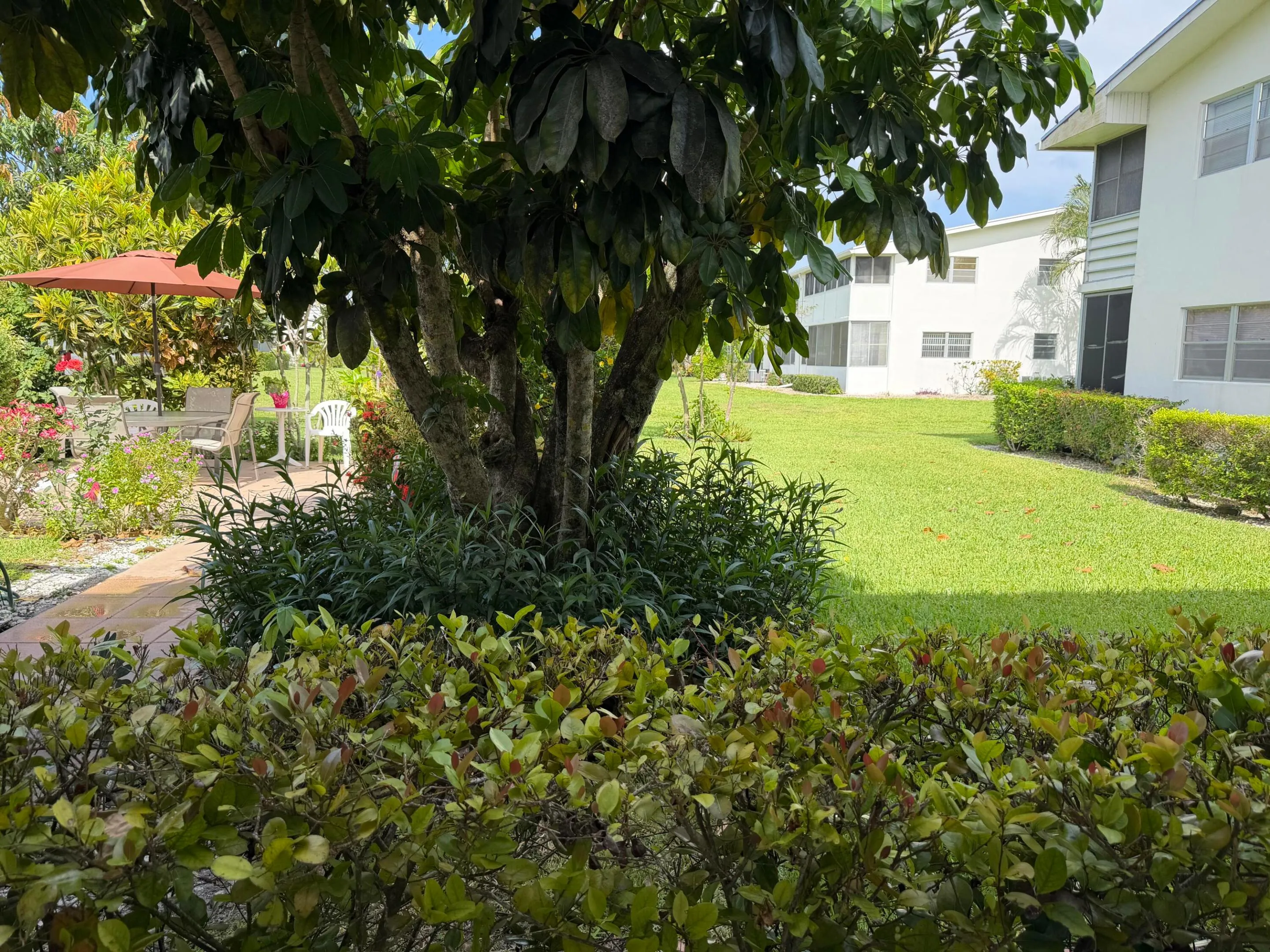 Front door facing garden view and patio area.