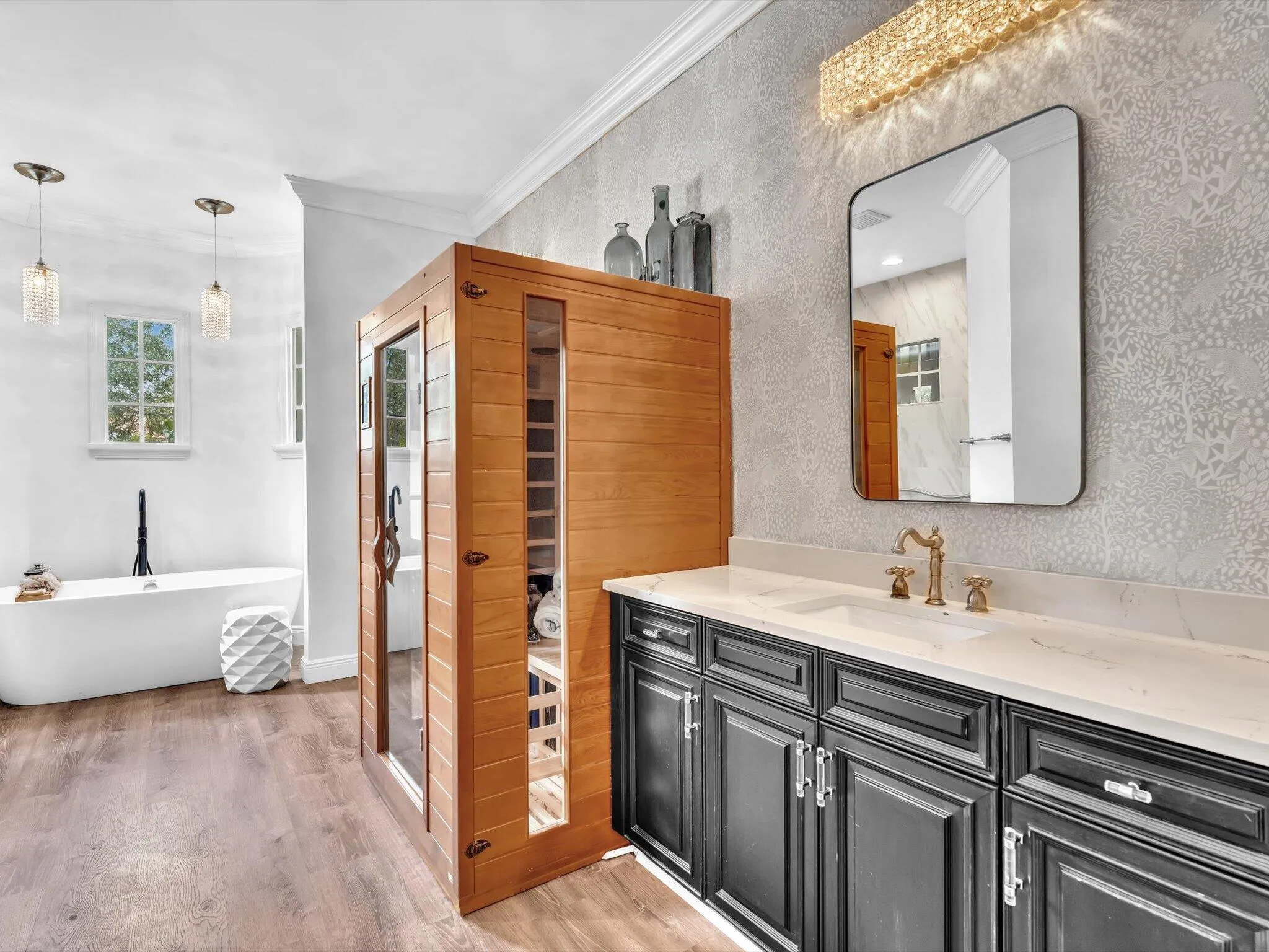 A MASTER BATH TO DIE FOR!! WOOD SAUNA ROOM , DOUBLE SINKS, PLUS....