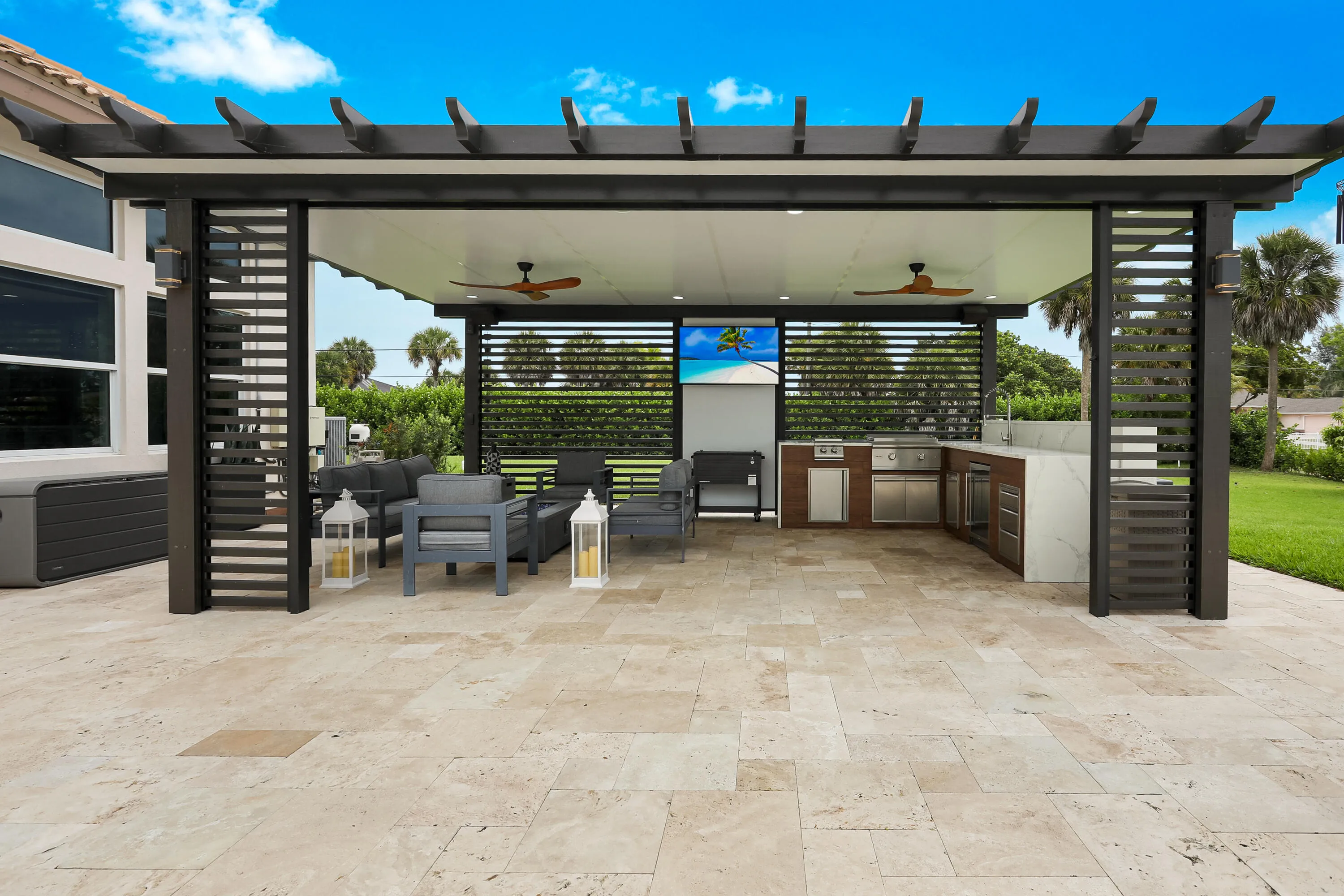 Outdoor kitchen and living room
