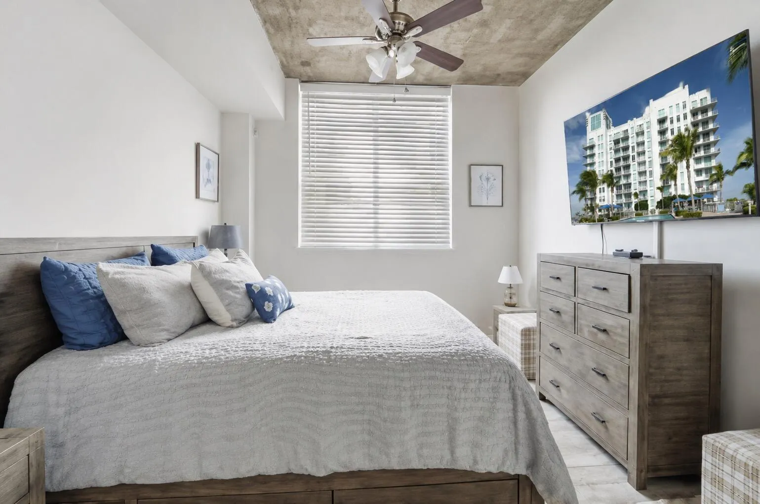 Split-bedroom floor plan provides privacy for guests or home office use
