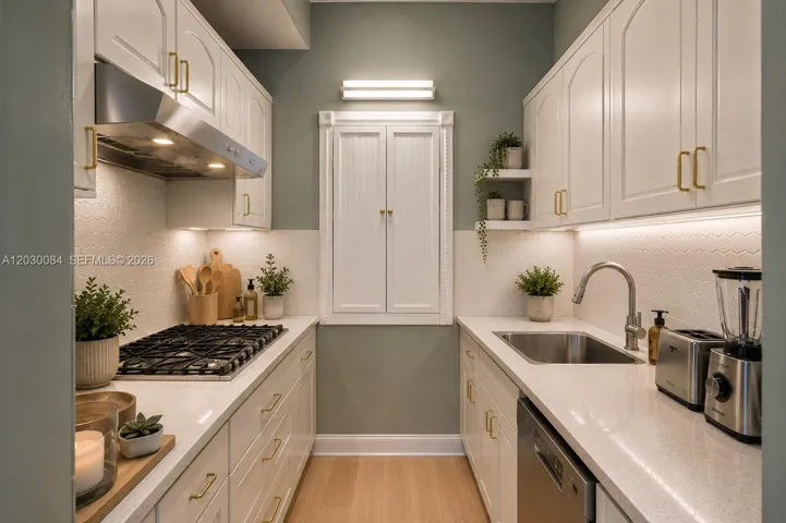 virtually staged poolside kitchen and pantry