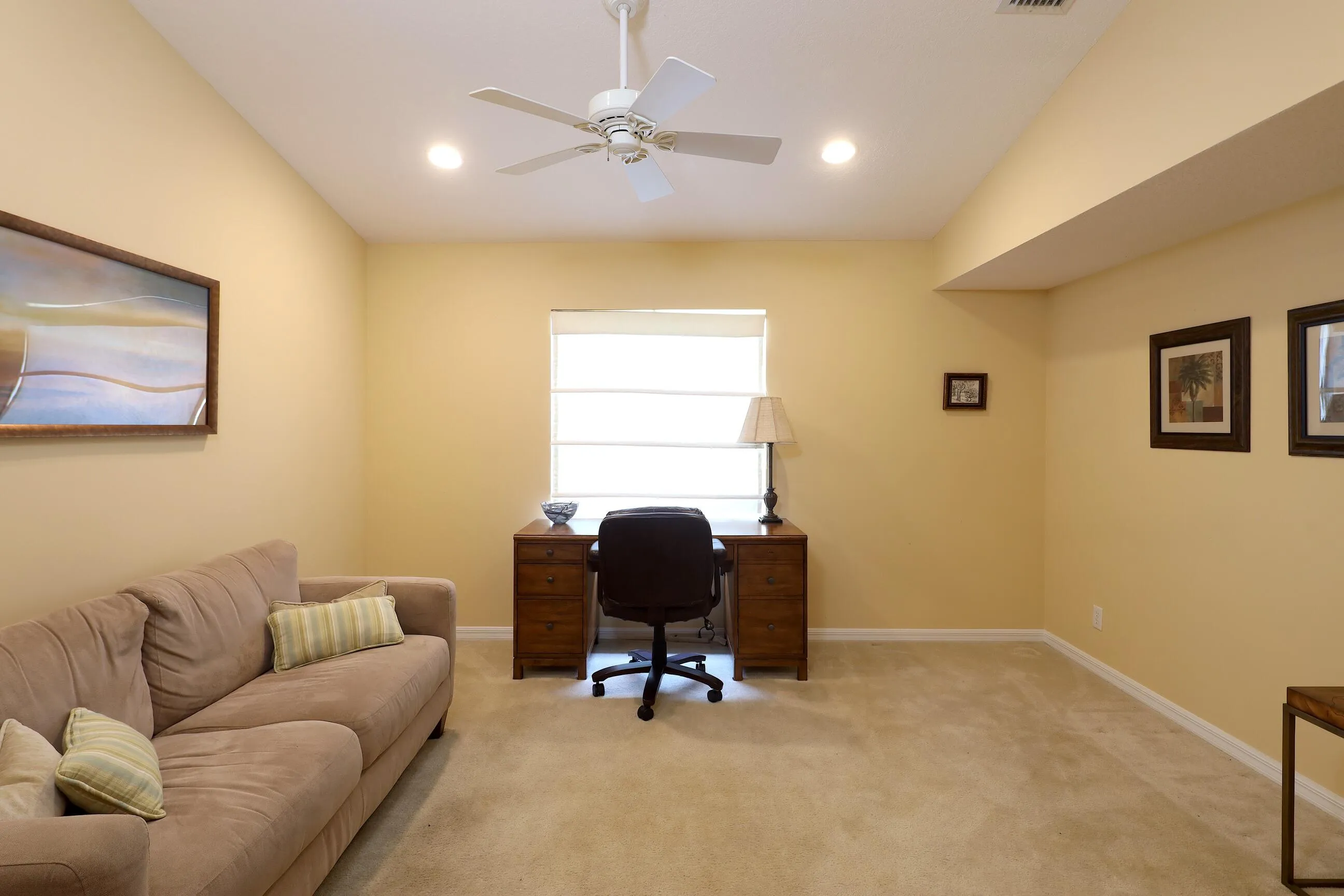 Move in ready home in Bellaggio featuring 2 bedrooms plus den, screened lanai, lake park views and pet friendly living.