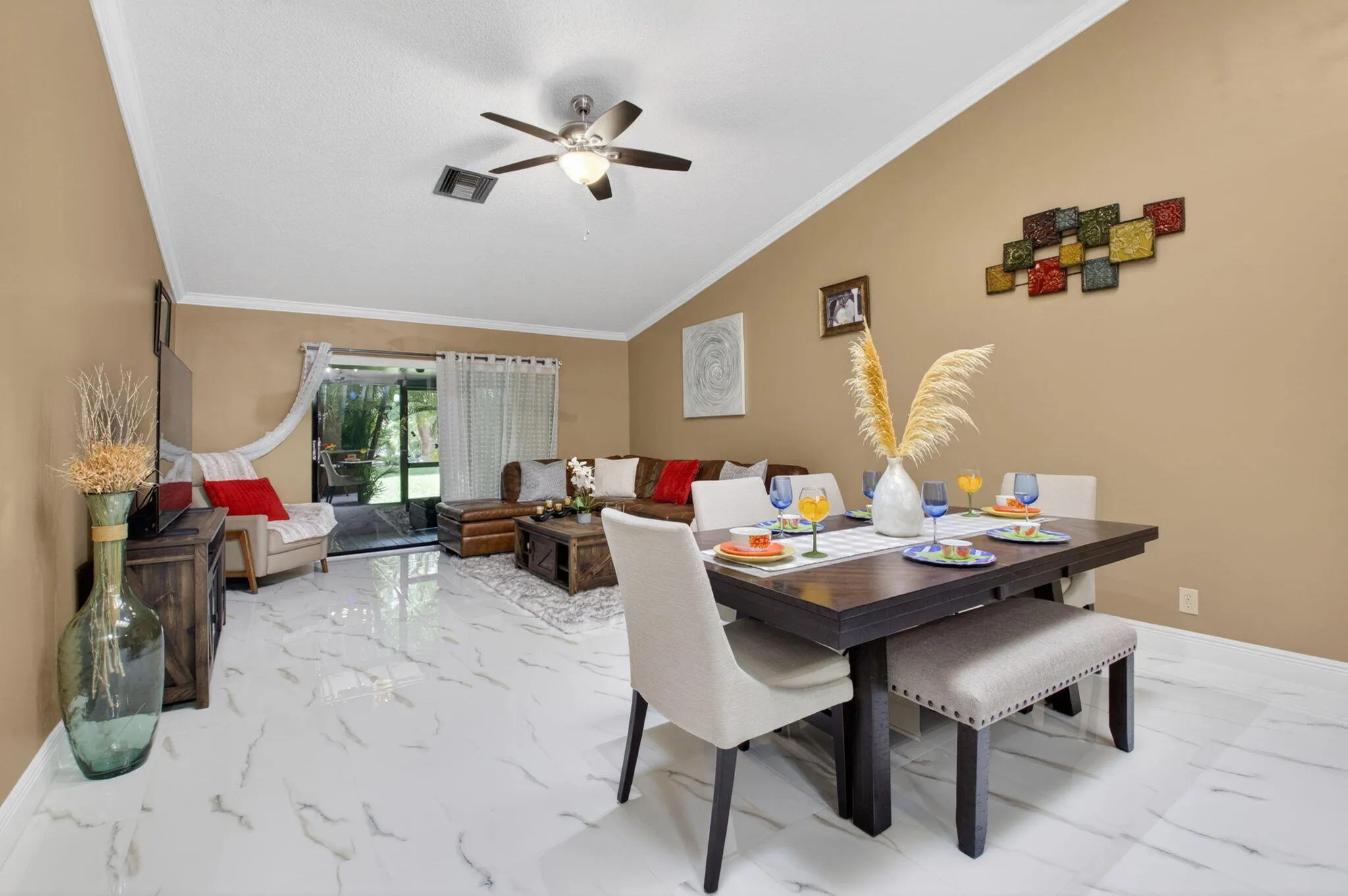 Gorgeous 24x24 porcelain tile flooring in living areas.